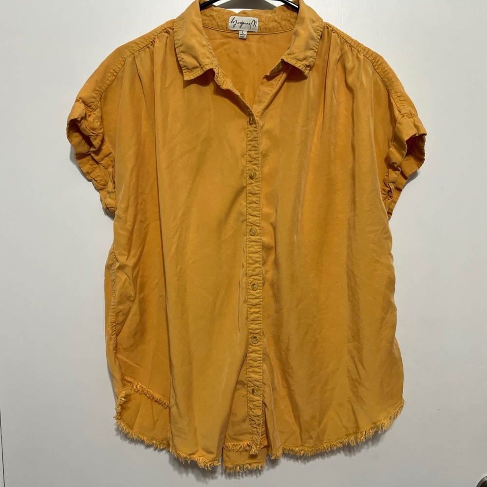 Wonderly Boyfriend Woven Short Sleeve Button Up Shirt Size L Ginger‎ Gold Boho